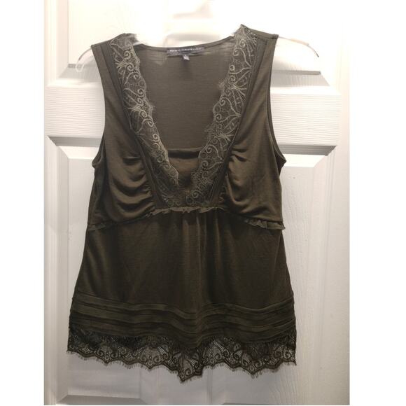 White House Black Market Size Large Olive Green Lace Trim Sleeveless Soft Blouse - Picture 1 of 6